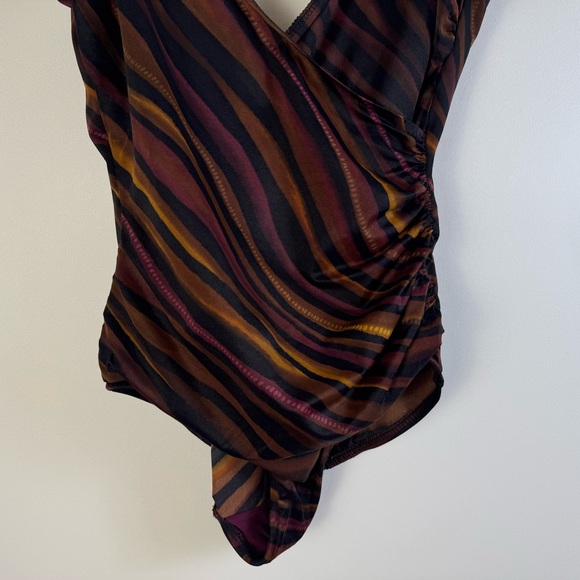 Miraclesuit Striped Bronze Brown Black Maroon 12 Slimming Ruched One Piece Suit - Picture 3 of 11